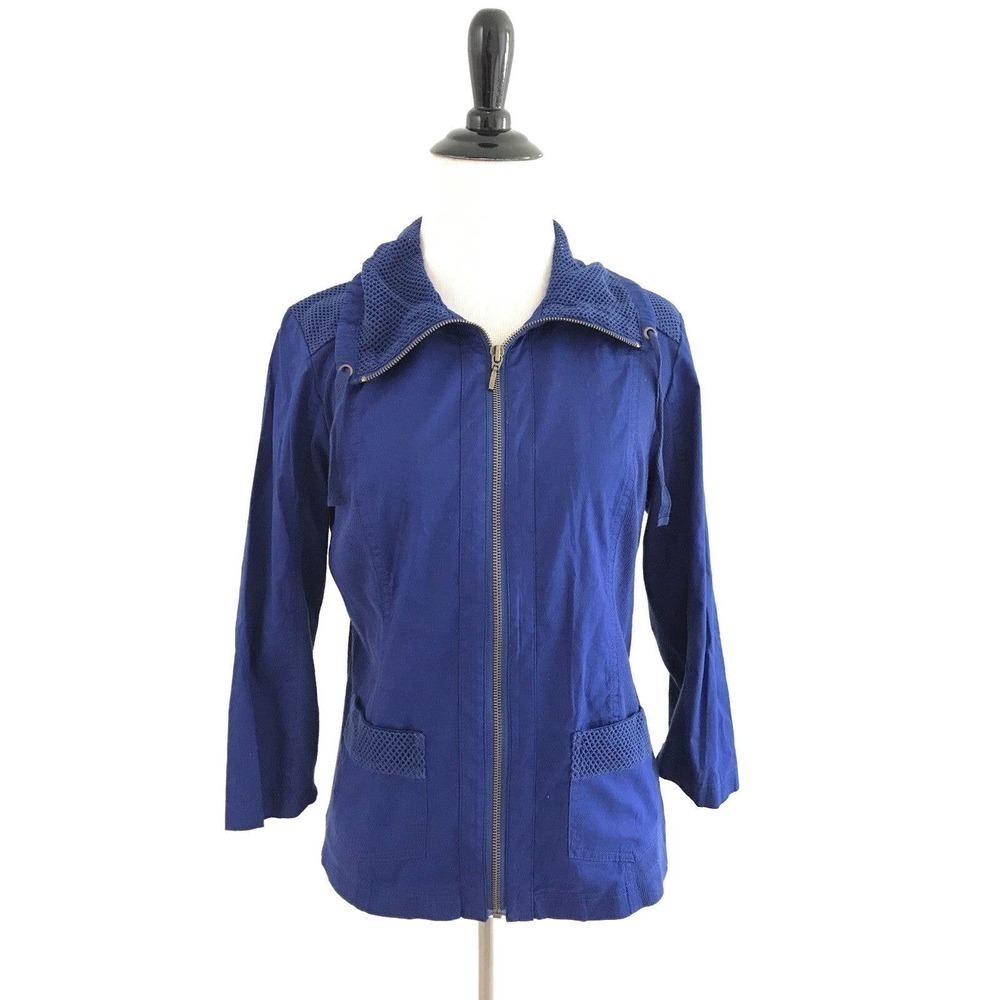 Chicos | Collar Mesh Jacket Size 0 Blue Zip Up 3/4 Sleeves Stretch